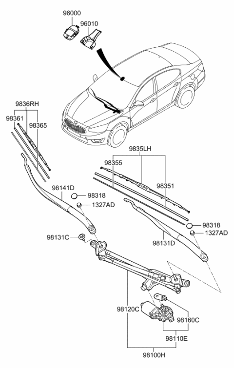 2014 Kia Cadenza Windshield Wiper Motor & Crank Arm Assembly Diagram for 981103R000