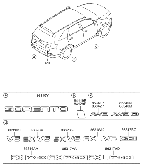 2016 Kia Sorento All Wheel Drive Emblem, Right Diagram for 86340C5100