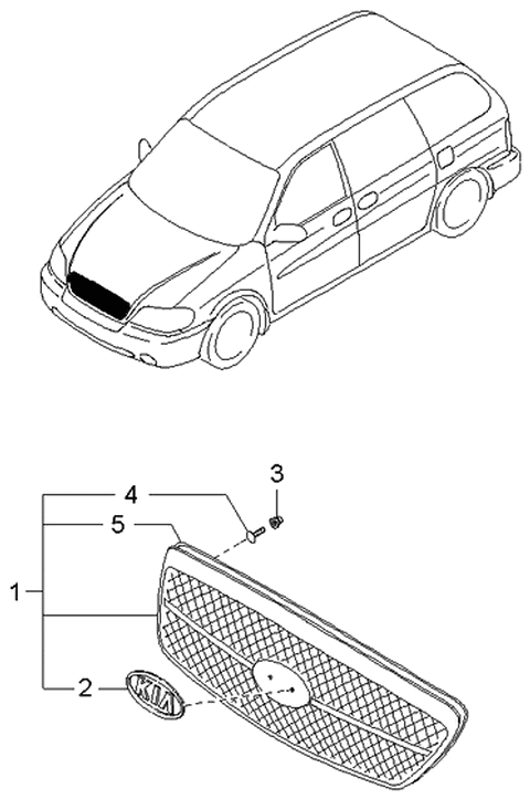 2005 Kia Sedona Radiator Grille Assembly Diagram for 0K54H50710A