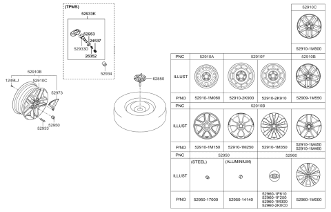 2009 Kia Forte Wheel Hub Cap Assembly Diagram for 529601F250