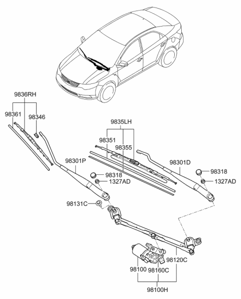 2010 Kia Forte Koup Windshield Wiper Arm Assembly Driver Diagram for 983101M000