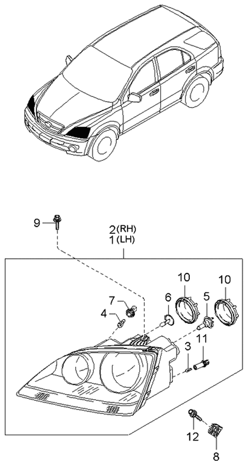 2005 Kia Sorento Driver Side Headlight Assembly Diagram for 921013E040