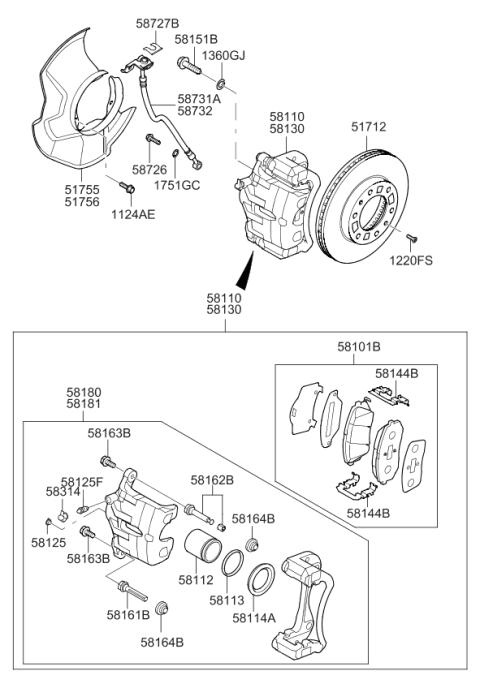 2010 Kia Sorento Front Brake Caliper Kit, Right Diagram for 581901UA00
