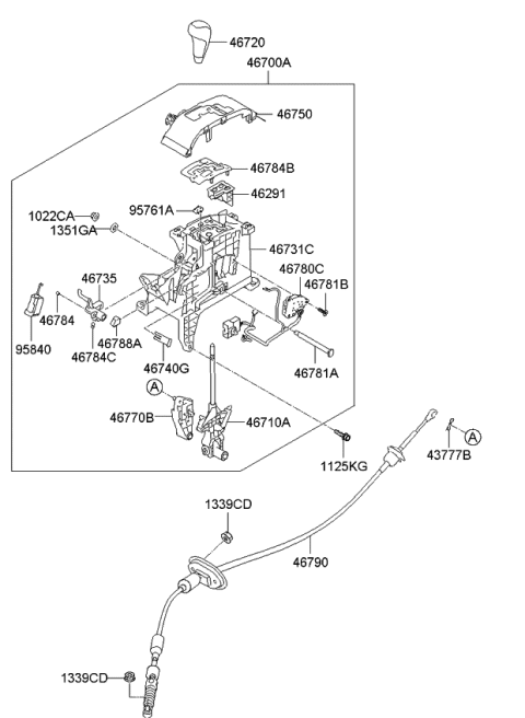 2011 Kia Sorento Automatic Transmission Lever Shift Control Cable Diagram for 467901U100