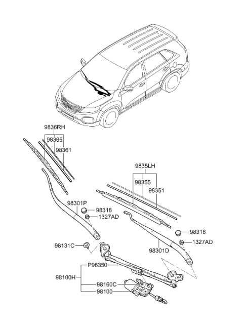 2010 Kia Sorento Passenger Windshield Wiper Blade Assembly Diagram for 983611U000