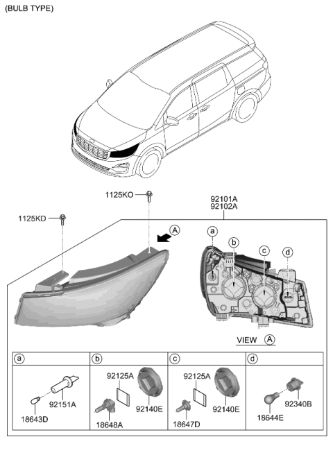 2021 Kia Sedona Driver Side Headlight Assembly Diagram for 92101A9640