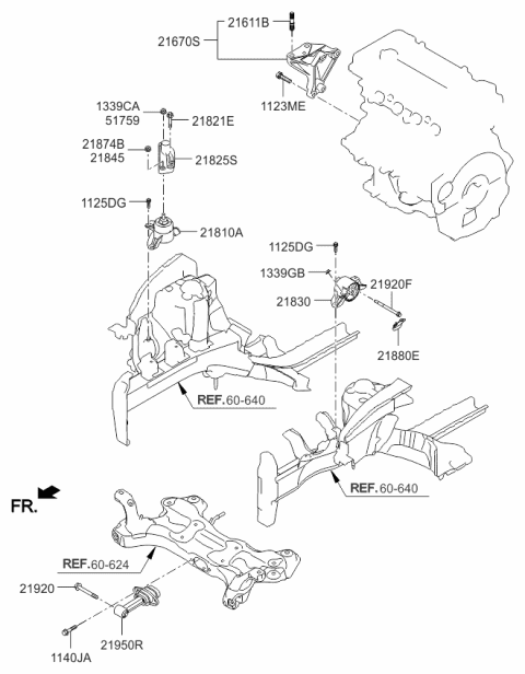 2015 Kia Soul Roll Rod Bracket Assembly Diagram for 21950A4000