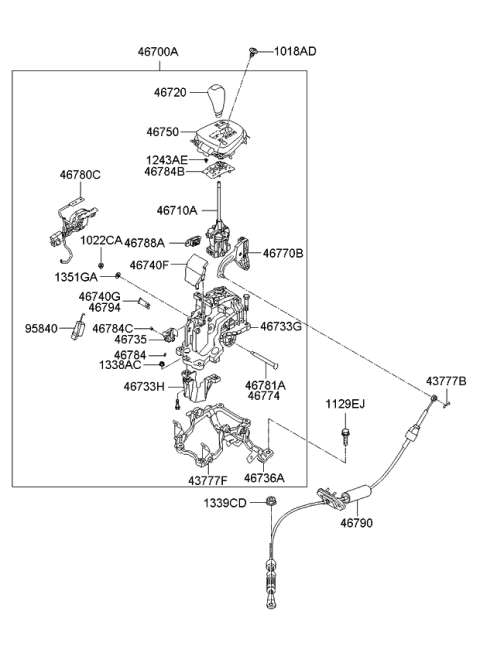 2008 Kia Rondo Automatic Transmission Lever Shift Control Cable Diagram for 467901D120