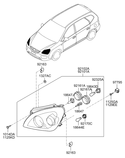 2008 Kia Rondo Driver Side Headlight Assembly Diagram for 921011D030