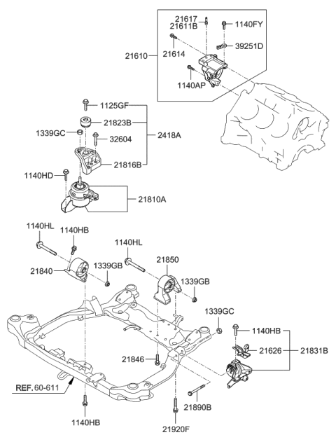2009 Kia Rondo Front Roll Stopper Bracket Assembly Diagram for 219102G400