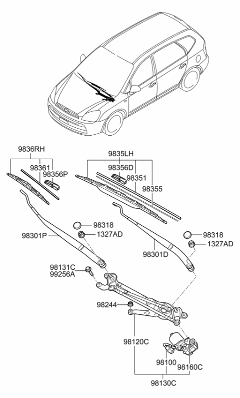 2009 Kia Rondo Windshield Wiper Arm Assembly Passenger Diagram for 983201D000