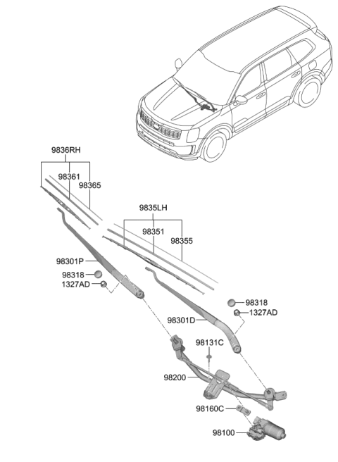 2021 Kia Telluride Driver Windshield Wiper Blade Assembly Diagram for 98350S1000