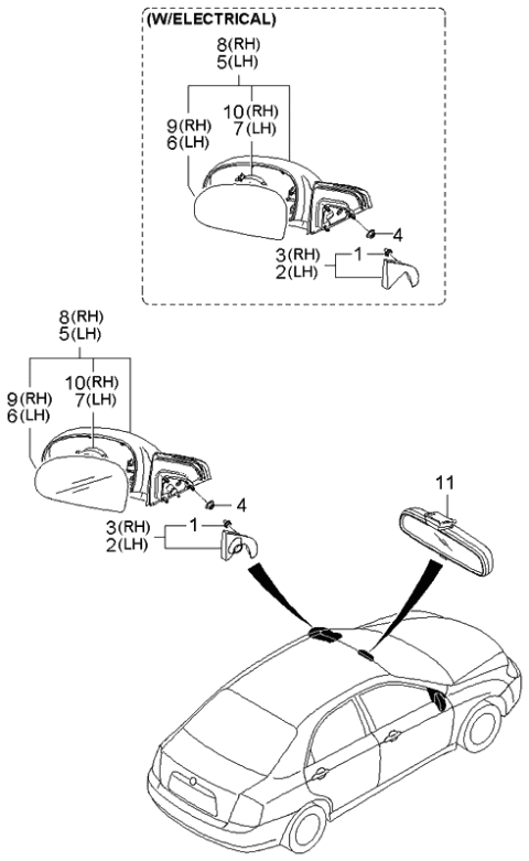 2003 Kia Spectra Outside Rear View Mirror & Holder Assembly, Left Diagram for 876112F050