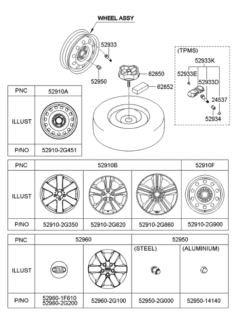 2009 Kia Optima Wheel & Cap Diagram