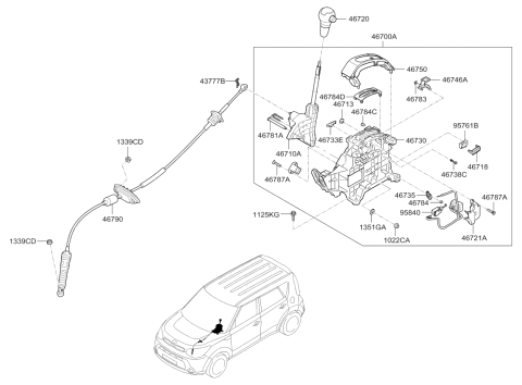2015 Kia Soul EV Automatic Transmission Lever Shift Control Cable Diagram for 46790E4000