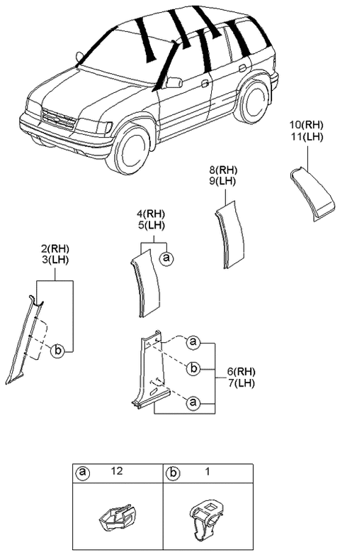 1999 Kia Sportage Trim-B Pillar,Lower ,LH Diagram for 0K04568240A70