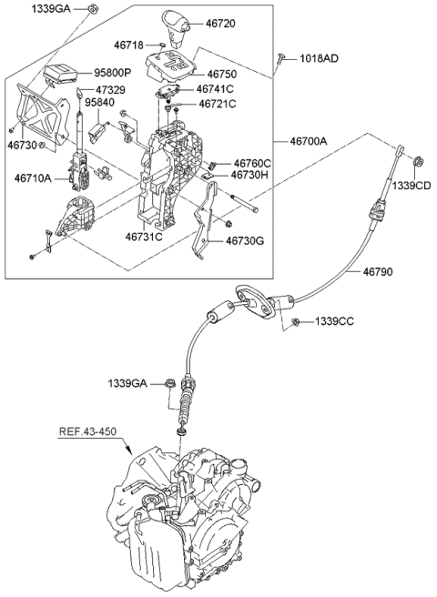 2007 Kia Sedona Automatic Transmission Lever Shift Control Cable Diagram for 467604D000