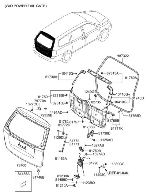 2009 Kia Sedona Tail Gate Latch Assembly Diagram for 812304D000
