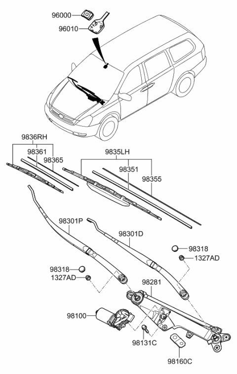 2007 Kia Sedona Driver Windshield Wiper Blade Assembly Diagram for 983504D050