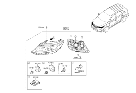 2013 Kia Sorento Driver Side Headlight Assembly Diagram for 921011U500