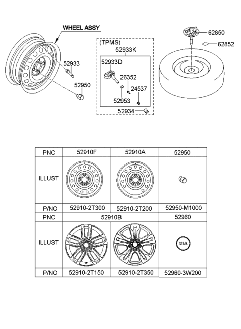2011 Kia Optima Wheel Hub Cap Assembly Diagram for 529602T300