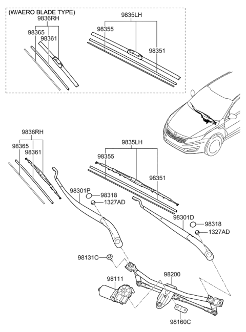 2013 Kia Optima Passeger Windshield Wiper Blade Assembly Diagram for 983602T000