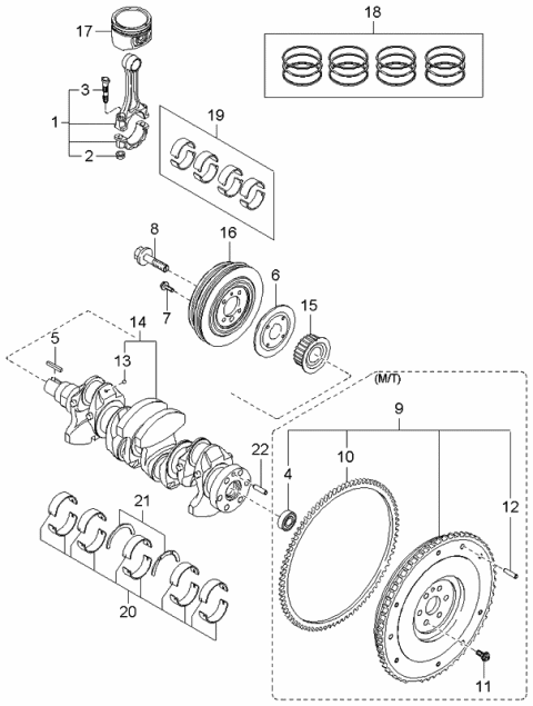 2002 Kia Rio Piston, Crankshaft & Flywheel Diagram
