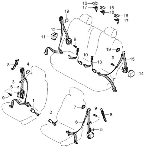 2000 Kia Rio Front Seat Belt Assembly Right Diagram for 0K33W57630A08