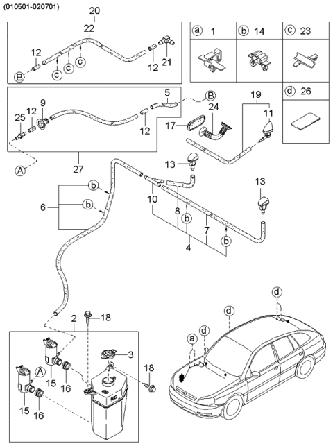 2004 Kia Rio Windshield Washer Tank Assembly Diagram for 0K34A67480D