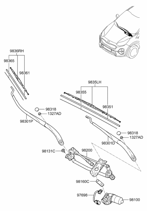 2021 Kia Sportage Passeger Windshield Wiper Blade Assembly Diagram for 98360D9000