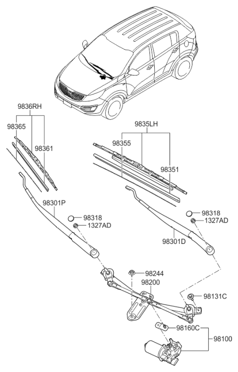 2015 Kia Sportage Passeger Windshield Wiper Blade Assembly Diagram for 983603W000