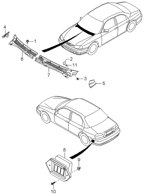 1997 Kia Sephia Cowl & Extractor Grille Diagram