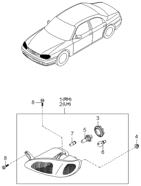 2000 Kia Sephia Driver Side Headlight Assembly Diagram for 0K2AA51040