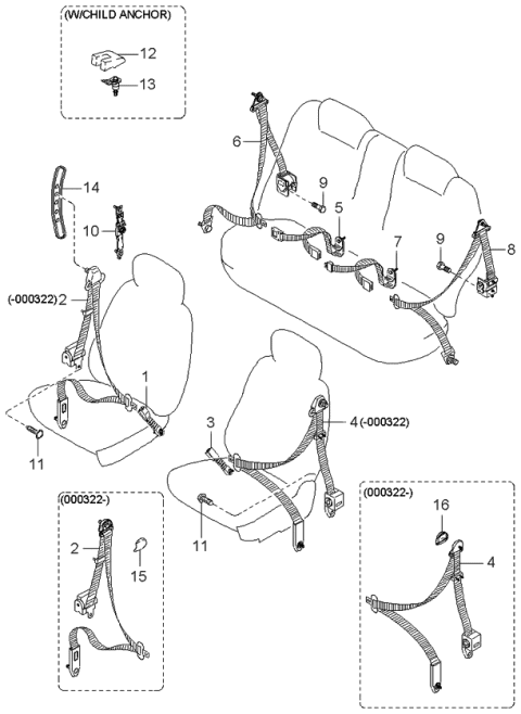 1999 Kia Sephia Rear Center Seat Belt Assembly Left Diagram for 0K2AA5778075