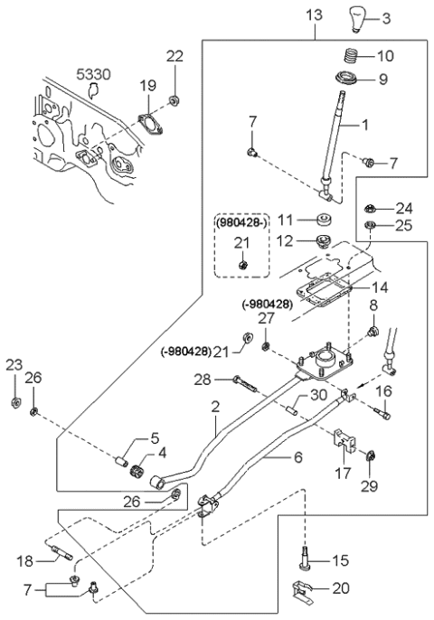 1999 Kia Sephia Change Lever Assembly Diagram for 0K2A546100D