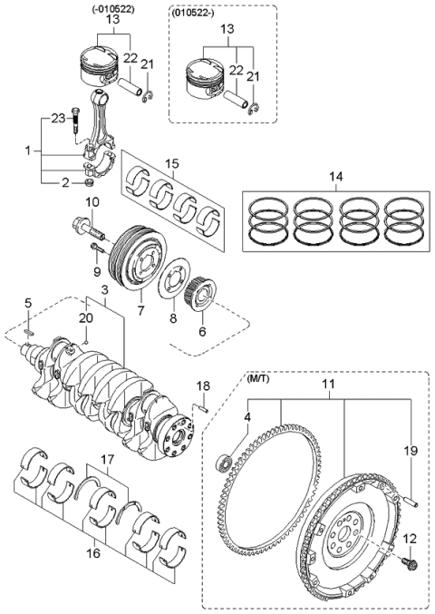 2003 Kia Spectra Piston, Crankshaft & Flywheel Diagram