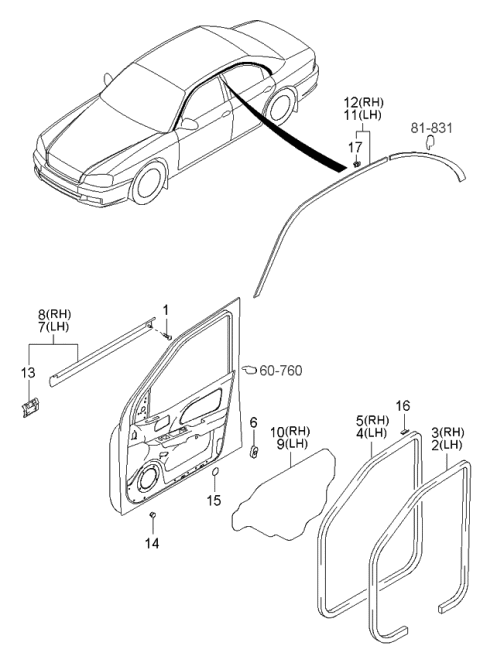 2000 Kia Optima WEATHERSTRIP Assembly-Front Door Side Diagram for 821403C001