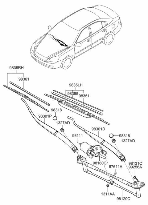 2008 Kia Optima Passeger Windshield Wiper Blade Assembly Diagram for 983602G000