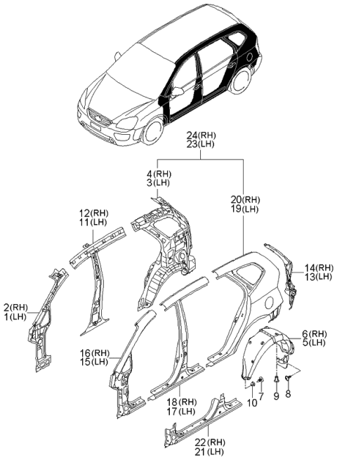 2006 Kia Rondo Body Side Panel & Wheel Guard Rear Diagram