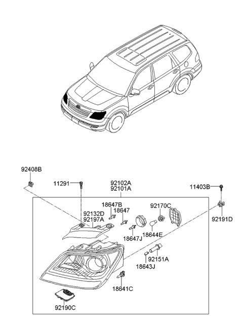 2008 Kia Borrego Driver Side Headlight Assembly Diagram for 921012J010