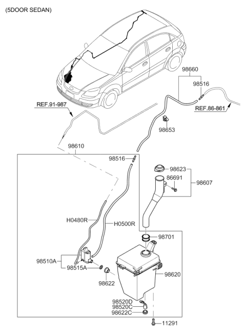 2006 Kia Rio Washer Reservoir & Pump Assembly Diagram for 986101G001