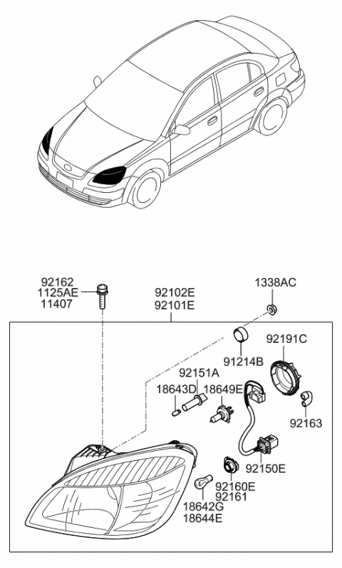 2006 Kia Rio Driver Side Headlight Assembly Diagram for 921011G010