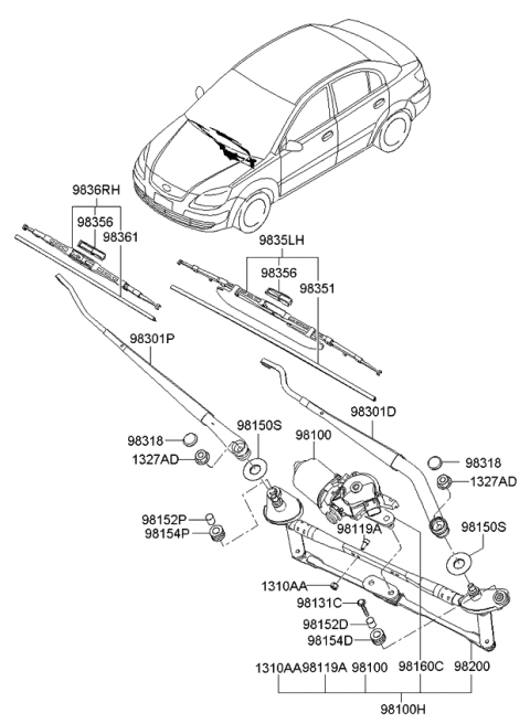 2008 Kia Rio Windshield Wiper Motor & Link Assembly Diagram for 981001G000