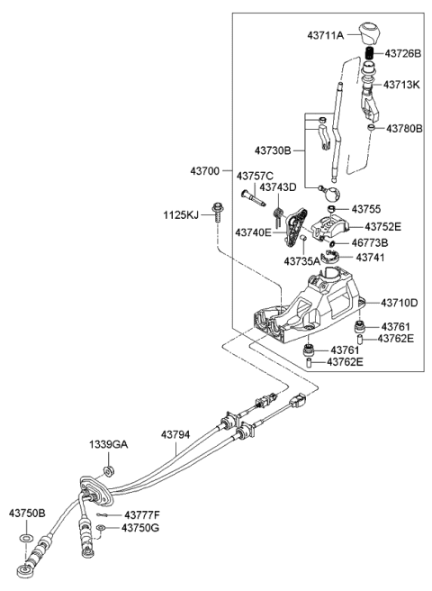 2010 Kia Rio Manual Transmission Shift Control Cable Diagram for 437941G100