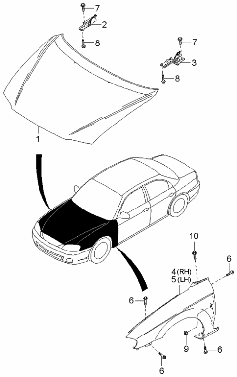 2001 Kia Spectra Hood Assembly Diagram for 0K2AA52310A