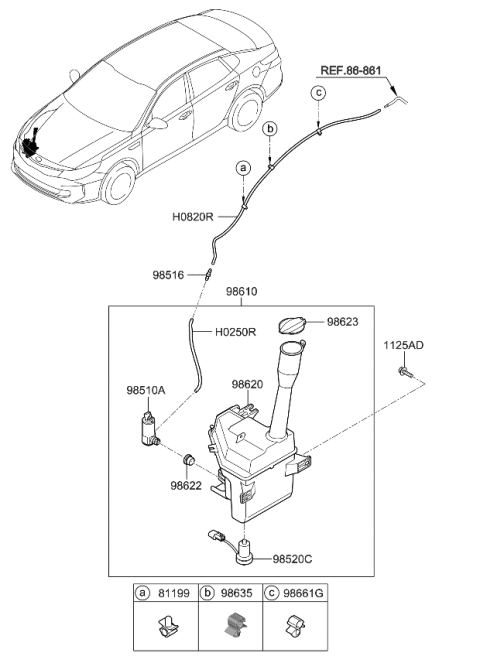 2017 Kia Optima Hybrid Windshield Washer Reservoir Assembly Diagram for 98621A8000