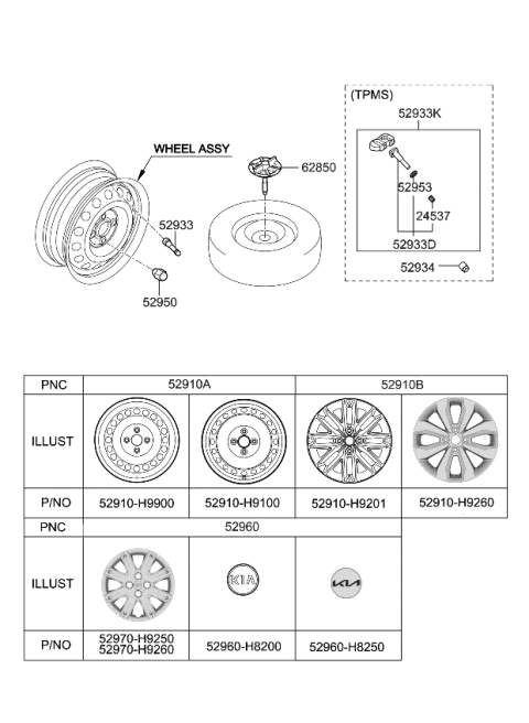 2022 Kia Rio Wheel & Cap Diagram