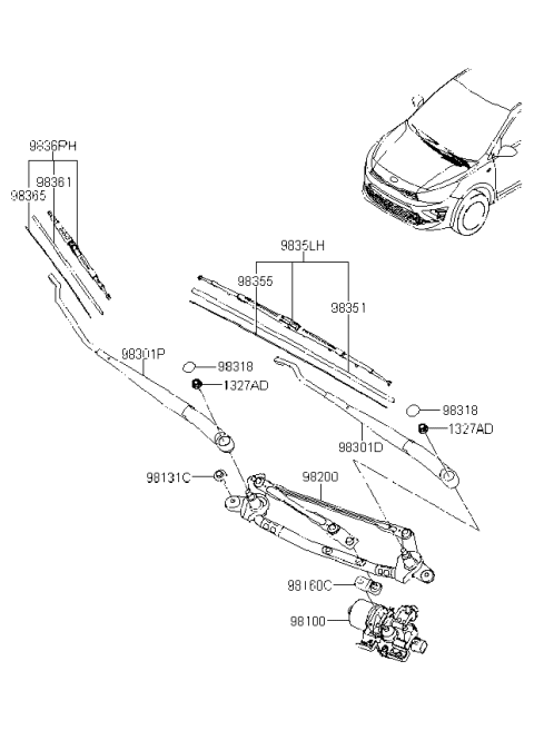 2022 Kia Rio Passeger Windshield Wiper Blade Assembly Diagram for 98360H9000