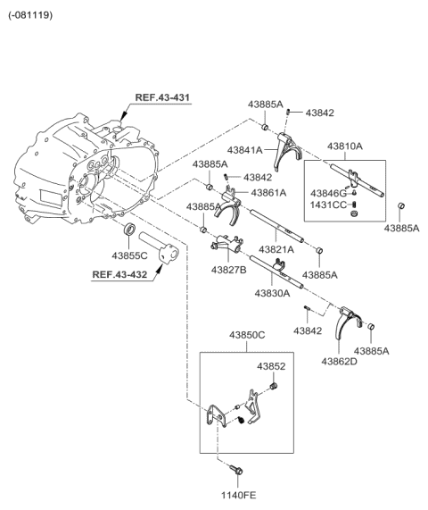 2008 Kia Rio Lug-Reverse Shift Diagram for 4382723001
