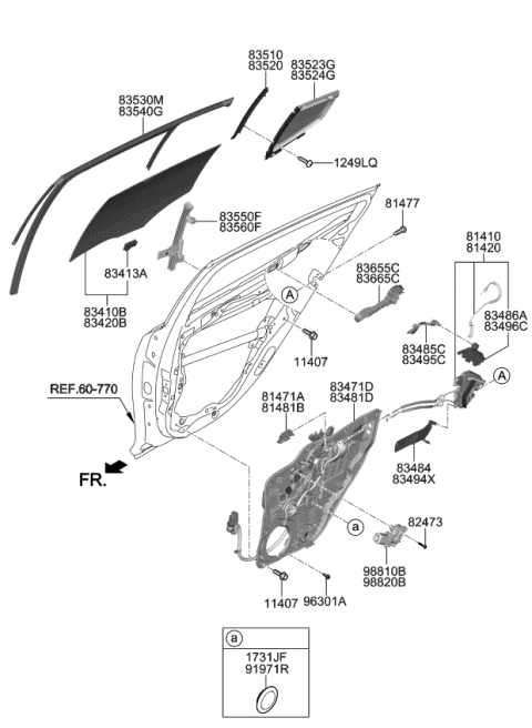 2018 Kia Stinger Rear Door Window Regulator & Glass Diagram